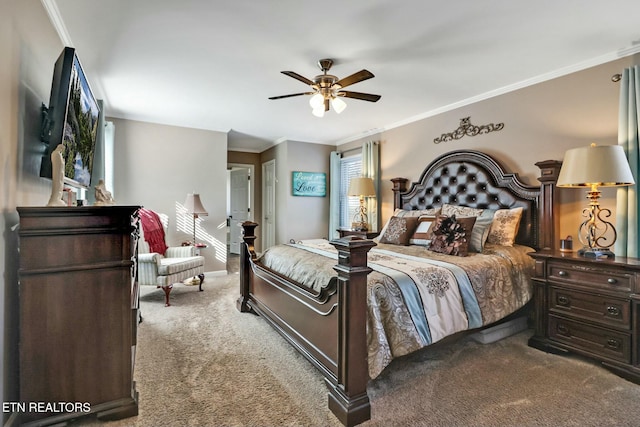 bedroom with ornamental molding, ceiling fan, and light colored carpet