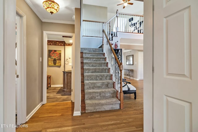 stairs featuring hardwood / wood-style flooring, crown molding, and ceiling fan