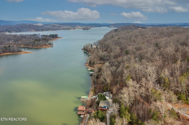 aerial view featuring a water and mountain view