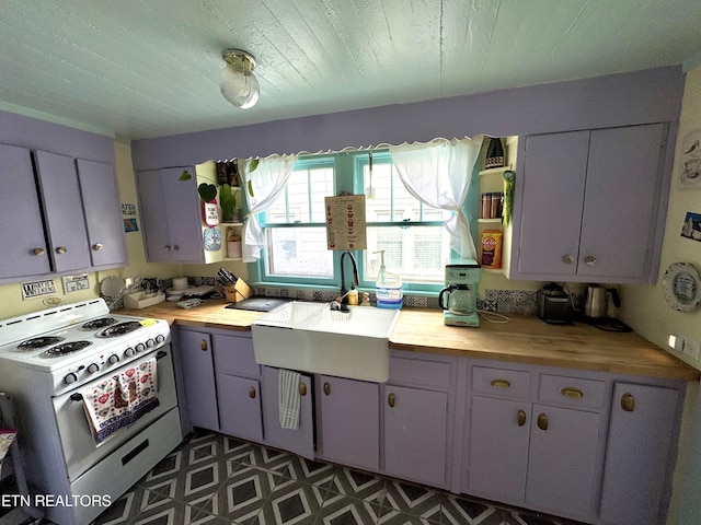 kitchen with white electric range, wooden counters, sink, and gray cabinetry