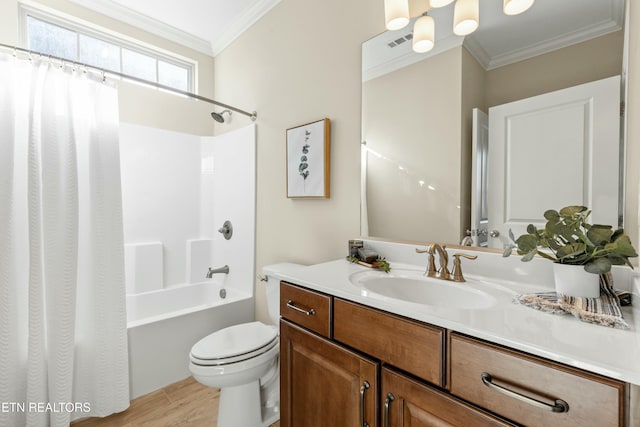 full bathroom featuring crown molding, vanity, shower / bathtub combination with curtain, and toilet