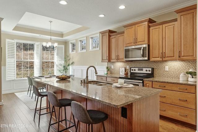 kitchen featuring sink, crown molding, a tray ceiling, stainless steel appliances, and a kitchen island with sink