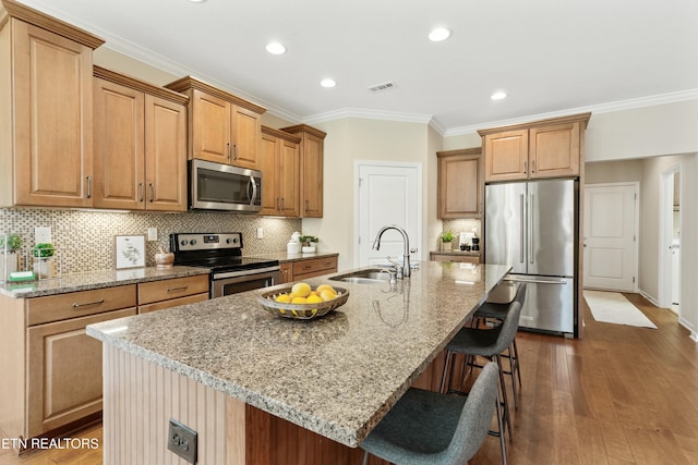 kitchen with appliances with stainless steel finishes, sink, a kitchen island with sink, and light stone counters