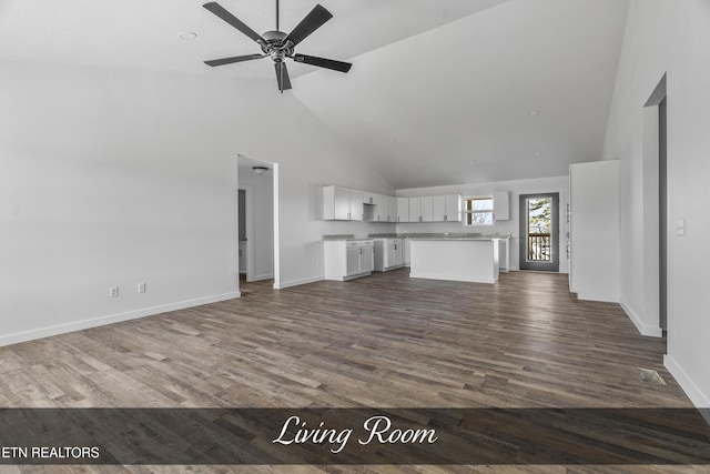 unfurnished living room featuring dark wood-style floors, high vaulted ceiling, a ceiling fan, and baseboards