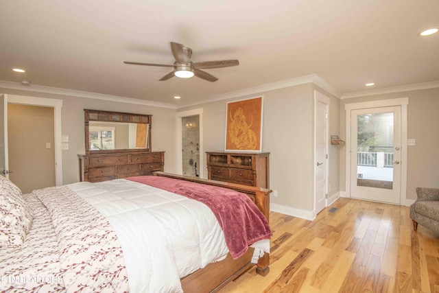 bedroom featuring access to exterior, ceiling fan, ornamental molding, and light wood-type flooring