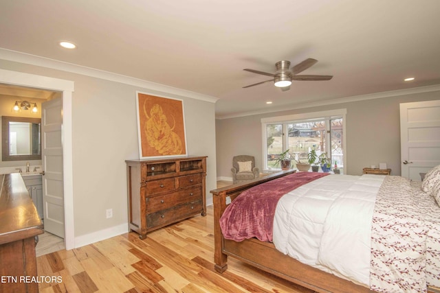 bedroom with ensuite bathroom, ceiling fan, crown molding, sink, and light hardwood / wood-style floors