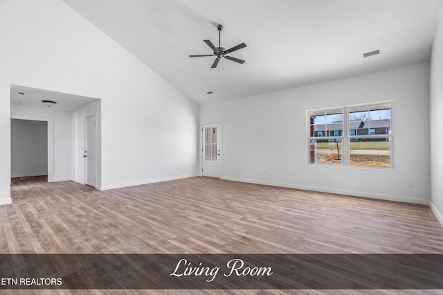 unfurnished living room featuring ceiling fan, visible vents, high vaulted ceiling, and wood finished floors