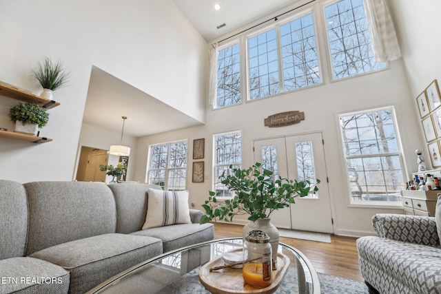 living room featuring a towering ceiling and hardwood / wood-style flooring