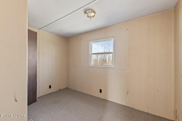 empty room with wooden walls and light carpet