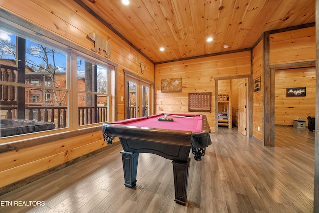 game room featuring wood walls, wood ceiling, and pool table