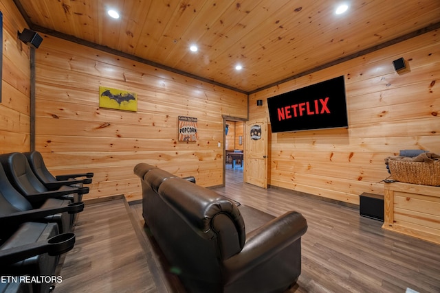 living room featuring wooden ceiling, hardwood / wood-style flooring, and wooden walls