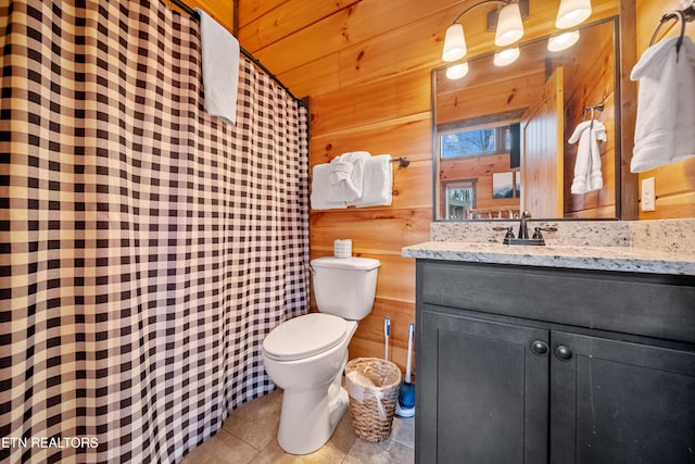 bathroom with tile patterned floors, vaulted ceiling, toilet, wooden walls, and wood ceiling