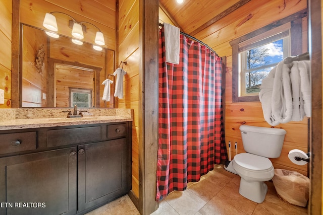 bathroom featuring curtained shower, wood walls, lofted ceiling, vanity, and wood ceiling