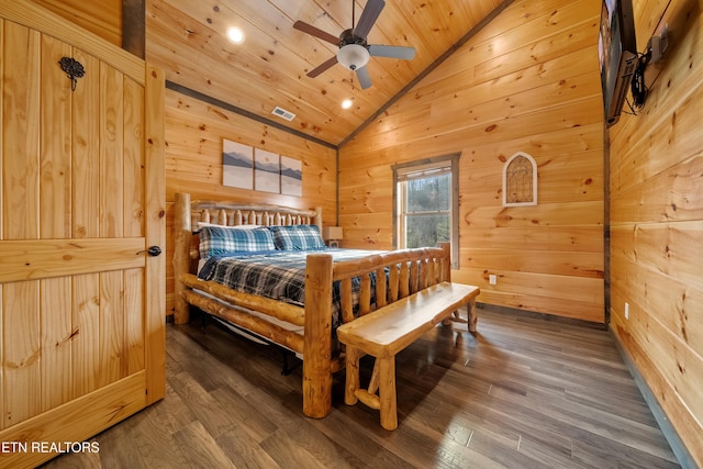 bedroom featuring hardwood / wood-style floors, lofted ceiling, ceiling fan, and wooden ceiling