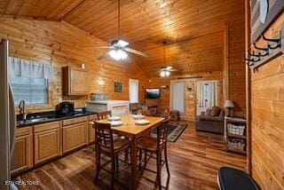 dining space with a ceiling fan, wood ceiling, lofted ceiling, and dark wood finished floors