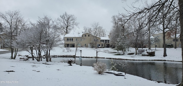 yard covered in snow with a water view