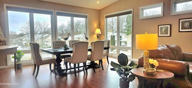 dining space with hardwood / wood-style floors and lofted ceiling