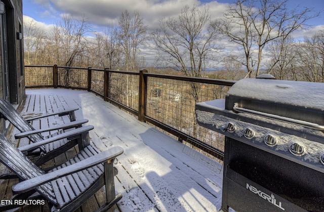 snow covered deck with area for grilling