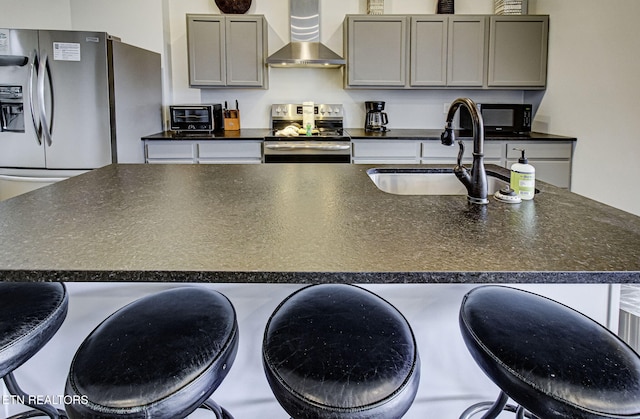 kitchen featuring stainless steel appliances, a kitchen island with sink, sink, wall chimney range hood, and gray cabinets