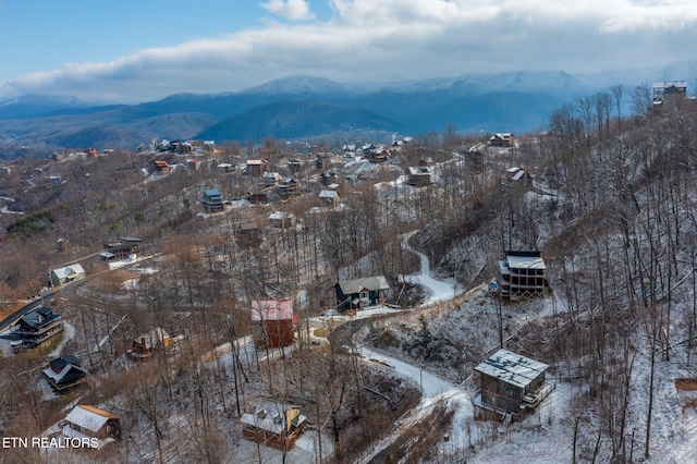 snowy aerial view with a mountain view