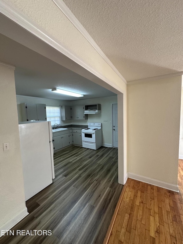 kitchen featuring dark hardwood / wood-style flooring, ornamental molding, white appliances, a textured ceiling, and sink