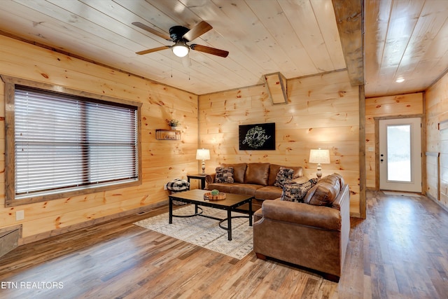 living room with wooden ceiling, wood walls, ceiling fan, and hardwood / wood-style flooring