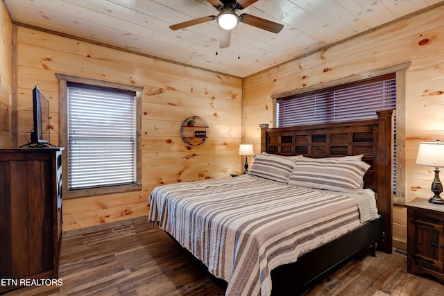 bedroom with wood ceiling, ceiling fan, wooden walls, and dark hardwood / wood-style flooring