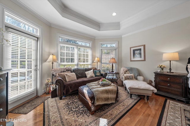 living room featuring a raised ceiling, light wood-style flooring, and ornamental molding