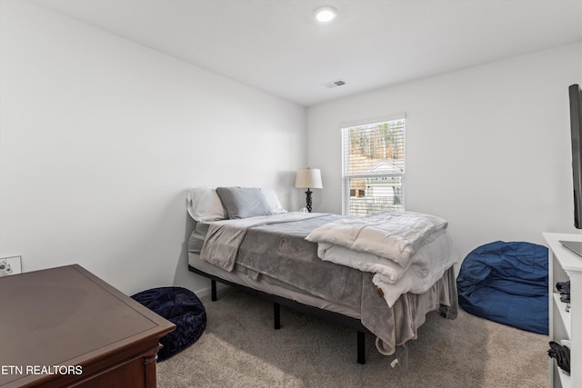 bedroom with light colored carpet