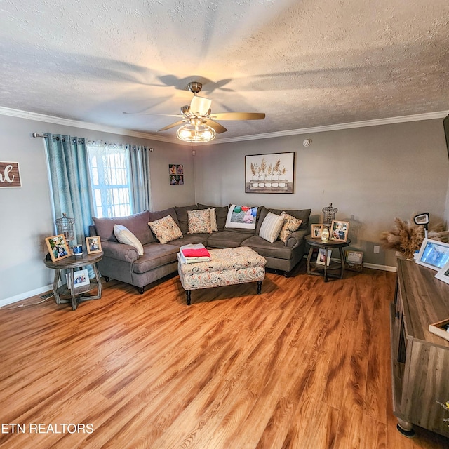 living room with hardwood / wood-style flooring, ornamental molding, ceiling fan, and a textured ceiling