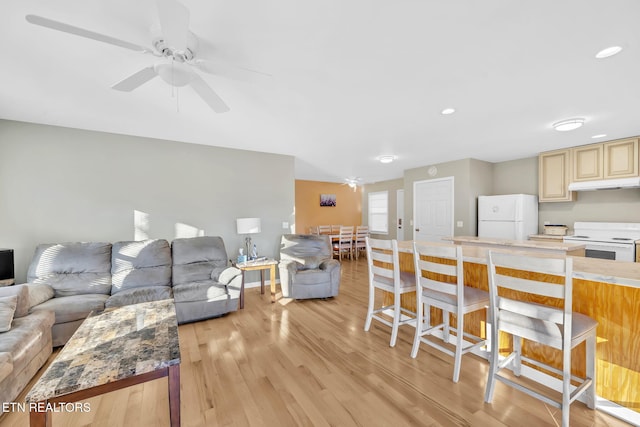 living room with ceiling fan and light hardwood / wood-style flooring