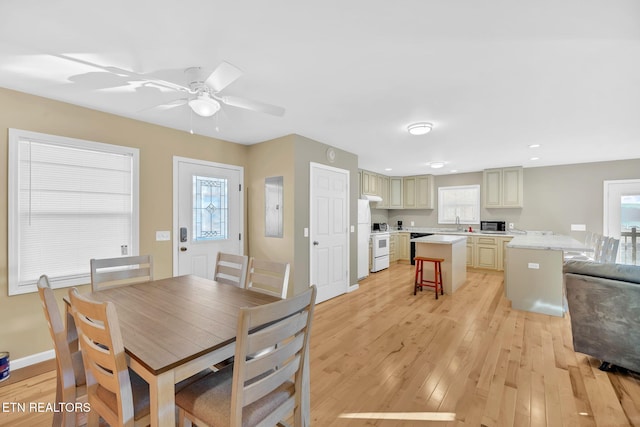 dining space featuring light hardwood / wood-style floors, plenty of natural light, and ceiling fan