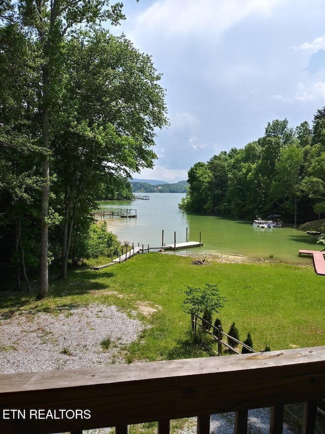 view of yard featuring a boat dock and a water view