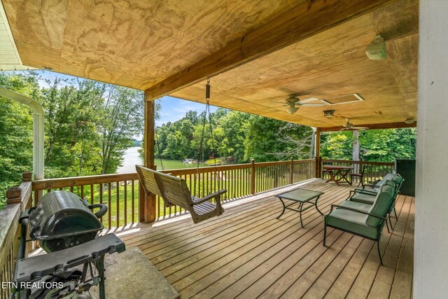 1429 Sunbeam Ln, Dandridge, TN 37725 - wooden terrace with view of scattered trees, ceiling fan, area for grilling, and a water view