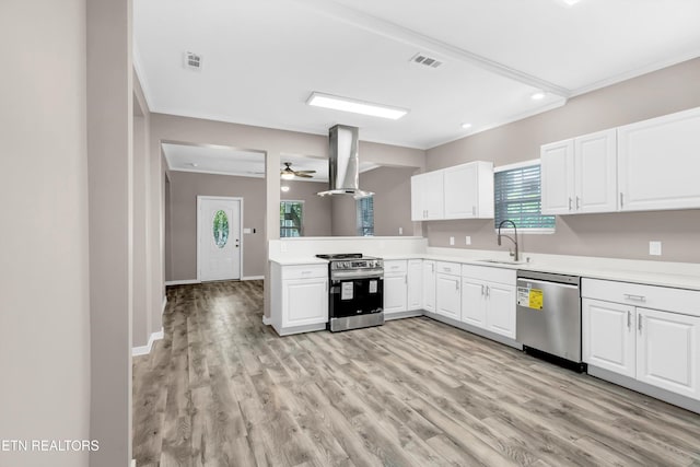 kitchen featuring stainless steel appliances, ceiling fan, sink, exhaust hood, and white cabinets