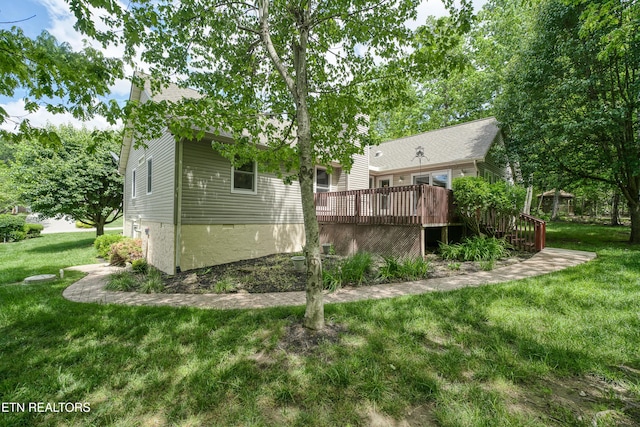 55 Loxley Ln, Crossville, TN 38558 - back of house featuring a wooden deck, a lawn, and stairway