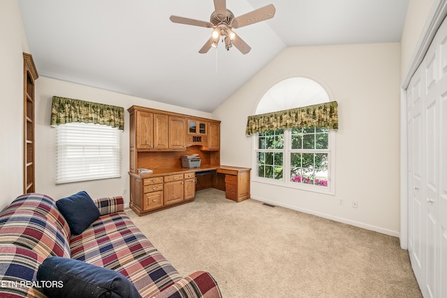 55 Loxley Ln, Crossville, TN 38558 - home office featuring built in study area, ceiling fan, light carpet, high vaulted ceiling, and baseboards