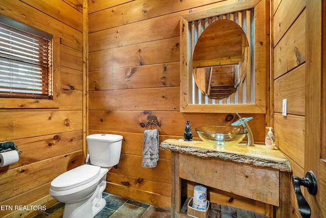 bathroom with wood walls, vanity, and toilet