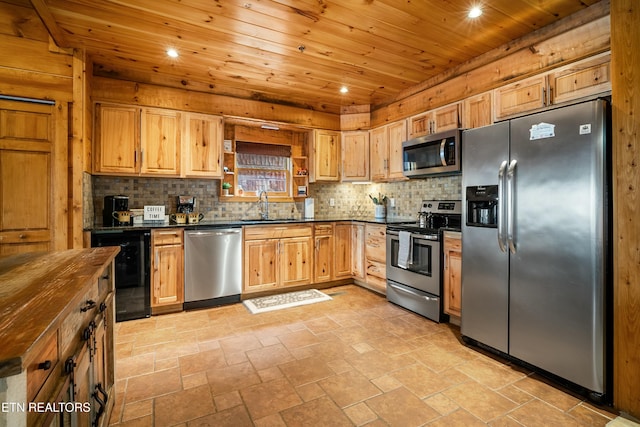 kitchen with wood ceiling, sink, stainless steel appliances, and wood counters