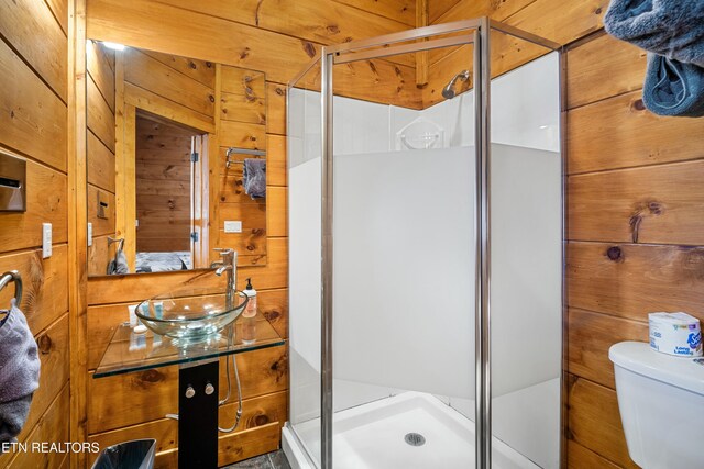 bathroom featuring vanity, toilet, an enclosed shower, and wooden walls