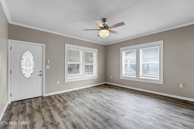 entryway with ceiling fan, hardwood / wood-style floors, and crown molding