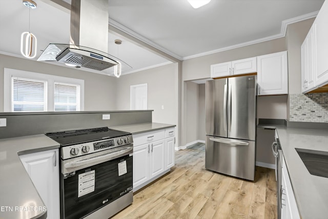 kitchen with stainless steel appliances, pendant lighting, decorative backsplash, white cabinets, and island range hood