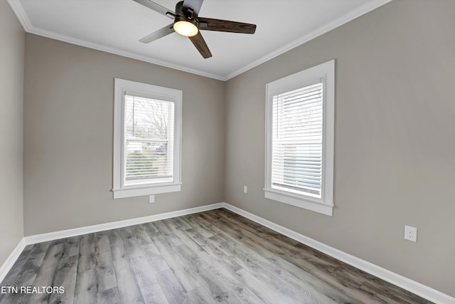 spare room featuring ceiling fan, a healthy amount of sunlight, and light wood-type flooring