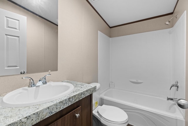 full bathroom featuring shower / tub combination, crown molding, vanity, and toilet