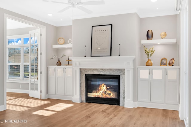 living room featuring ceiling fan, light wood-type flooring, and a fireplace