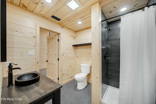 bathroom featuring walk in shower, wood ceiling, sink, toilet, and wood walls