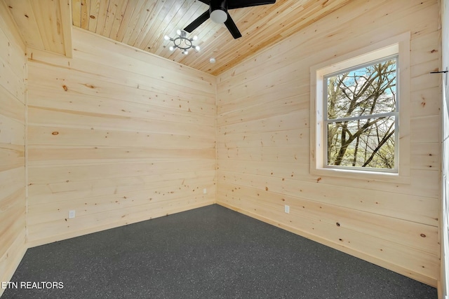 empty room with carpet floors, wood walls, ceiling fan, and wooden ceiling