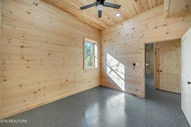 bonus room featuring ceiling fan, wood walls, and wooden ceiling