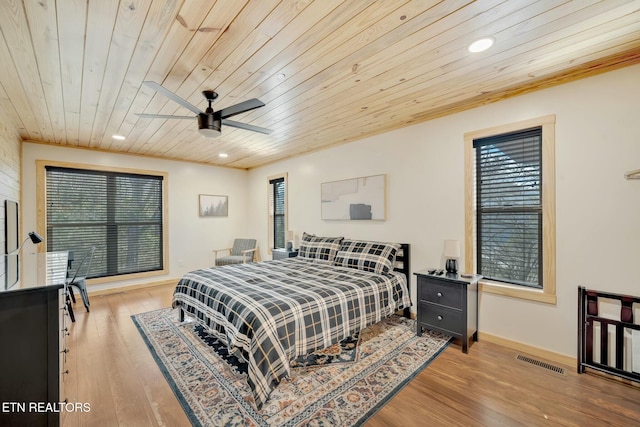 bedroom with ceiling fan, light hardwood / wood-style flooring, and wooden ceiling