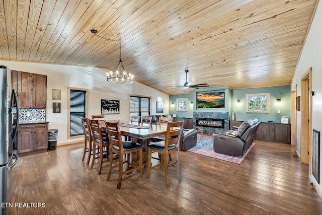 dining room with ceiling fan with notable chandelier, lofted ceiling, dark wood-type flooring, and wooden ceiling